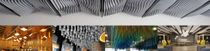 Collage of modern ceilings demonstrating innovative acoustic and aesthetic solutions for various architectural spaces. Collage of modern ceilings demonstrating innovative acoustic and aesthetic solutions for various architectural spaces.