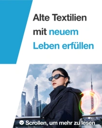 Eine Frau trägt eine schwarze Jacke vor der Skyline von Shanghai. Ein farbiger Lichtwirbel erscheint rechts von ihr. Der Text lautet:"Alte Textilien mit neuem Leben erfüllen." Eine Frau trägt eine schwarze Jacke vor der Skyline von Shanghai. Ein farbiger Lichtwirbel erscheint rechts von ihr. Der Text lautet:"Alte Textilien mit neuem Leben erfüllen."