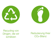 The picture shows two buttons with each an icon in it symbolizing the four pillars of change supporting climate change at BASF , in this case a recycling symbol with the headline "Recycling the things we value" and a footprint with the headline "Reducing your carbon footprint"