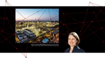 Portrait Andrea Haunert. Daneben ein Bild von einer erleuchteten Stadt. Bildunterschrift lautet Die BASF-Technologin Dr. Andrea Haunert arbeitet gemeinsam mit den Partnern SABIC und Linde an einem Projekt für elektrisch beheizbare Steamcracker-Öfen.