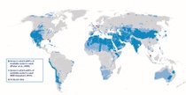 World map showing sustainable water management in blue