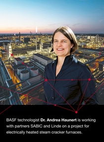 Portrait of Andrea Haunert with an image of a cityscape behind her. The image caption reads: BASF technologist Dr. Andrea Haunert is working with partners SABIC and Linde on a project for electrically heated steam cracker furnaces. 