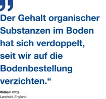 Zitat vom Landwirt William Pitts: ''Der Gehalt organischer Substanzen im Boden hat sich verdoppelt,
seit wir auf die Bodenbestellung verzichten.“ Zitat vom Landwirt William Pitts: ''Der Gehalt organischer Substanzen im Boden hat sich verdoppelt,
seit wir auf die Bodenbestellung verzichten.“