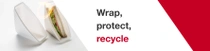 A sandwich partially wrapped in a white plastic wrapper is positioned on the left of the image. On the right, the text reads: "Wrap, protect, recycle" A sandwich partially wrapped in a white plastic wrapper is positioned on the left of the image. On the right, the text reads: "Wrap, protect, recycle"