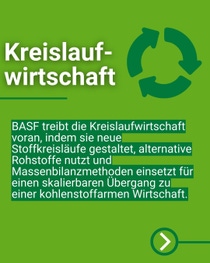 Grafik zum Thema Kreislaufwirtschaft mit Text über BASFs Beitrag zu neuen Materialkreisläufen und dem Übergang zu einer CO₂-armen Wirtschaft.