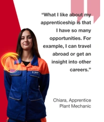 A female BASF employee from Germany in an orange and blue work overall standing against a red background, a light swirl hovers around her shoulder. The text reads, “What I like about my apprenticeship is that I have so many opportunities. For example, I can travel abroad or get an insight into other careers.” A female BASF employee from Germany in an orange and blue work overall standing against a red background, a light swirl hovers around her shoulder. The text reads, “What I like about my apprenticeship is that I have so many opportunities. For example, I can travel abroad or get an insight into other careers.”