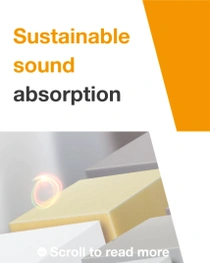 A group of foam blocks in various pale colors for use in sustainable soundproofing solutions. A light swirl hovers above the blocks. The text reads: "Sustainable sound absorption." A group of foam blocks in various pale colors for use in sustainable soundproofing solutions. A light swirl hovers above the blocks. The text reads: "Sustainable sound absorption."