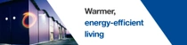 A modern building exterior at dusk with lights on. A light swirl hovers on the edge of the building. The text reads: "Warmer, energy-efficient living." A modern building exterior at dusk with lights on. A light swirl hovers on the edge of the building. The text reads: "Warmer, energy-efficient living."