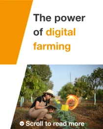 A female farmer, wearing overalls and a hat, holds a tablet and examines plants in a field on a sunny day. A light swirl hovers near the tablet. On the left side of the image, there is text that reads: "The power of digital farming." A female farmer, wearing overalls and a hat, holds a tablet and examines plants in a field on a sunny day. A light swirl hovers near the tablet. On the left side of the image, there is text that reads: "The power of digital farming."