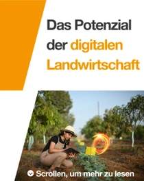 Eine Landwirtin mit Latzhose und Hut hält ein Tablet und untersucht Pflanzen auf einem sonnigen Feld. Ein Lichtwirbel schwebt in der Nähe des Tablets. Auf der linken Seite des Bildes steht der Text: „Das Potenzial der digitalen Landwirtschaft.“ Eine Landwirtin mit Latzhose und Hut hält ein Tablet und untersucht Pflanzen auf einem sonnigen Feld. Ein Lichtwirbel schwebt in der Nähe des Tablets. Auf der linken Seite des Bildes steht der Text: „Das Potenzial der digitalen Landwirtschaft.“