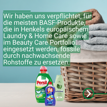 Korb mit gefalteten Handtüchern und darüber platzierte Haushaltsprodukte wie Wasch- und Reinigungsmittel. Korb mit gefalteten Handtüchern und darüber platzierte Haushaltsprodukte wie Wasch- und Reinigungsmittel.