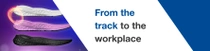 Three shoe insoles arranged side by side, accompanied by a soft light swirl effect. The text reads “From the track to the workplace.” Three shoe insoles arranged side by side, accompanied by a soft light swirl effect. The text reads “From the track to the workplace.”